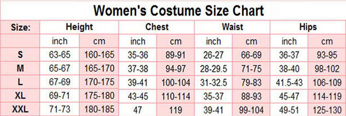 ujeres tamaño cosplay chart